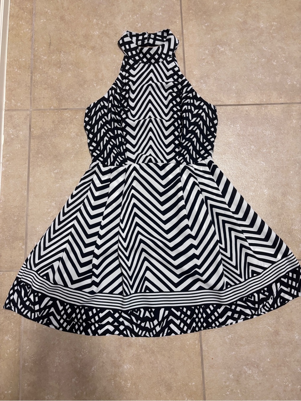 Women’s Black and White Chevron Halter Dress